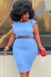 Summer Plus Size Blue Crop Top and Midi Skirt Set