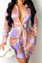 Fall Party Print Deep-V Knotted Bodycon Dress