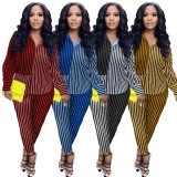 Fall Stripes Blouse and Pants 2 Piece Professional Suit