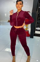 Fall Fashion Burgunry Crop Top and Pants Velour Tracksuit