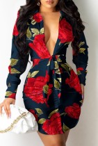 Fall Party Print Deep-V Knotted Bodycon Dress