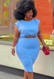 Summer Plus Size Blue Crop Top and Midi Skirt Set