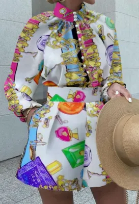 Fall Elegant Print Retro Blouse and Shorts 2 Piece Professional Suit