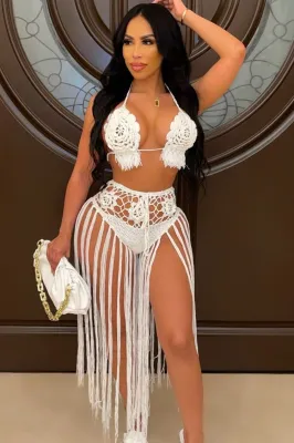 Summer White Crochet 2 Piece Fringe Beach Cover-Ups Set