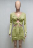 Autumn Sexy Green Ruffled Tie Long Sleeve Crop Top and Mini dress Set