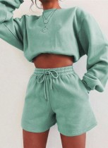 Autumn Casual Green Long Sleeve Top and Shorts Set