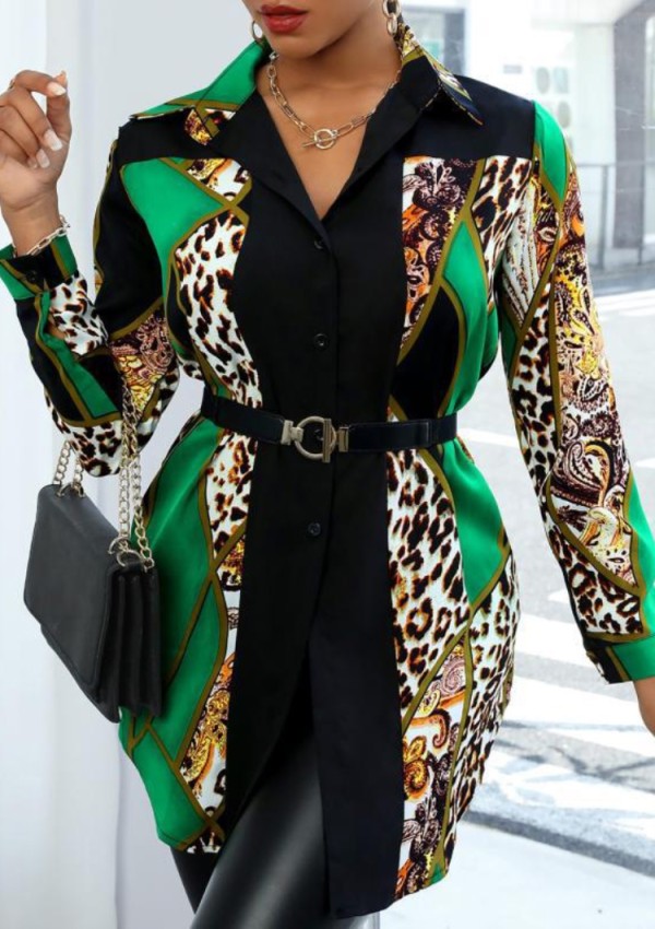 Autumn Leopard Print Color Blocks Button Open Long Sleeve Shirt Dress