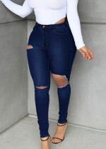 Autumn Sexy Dark Blue Ripped Fitted Jeans