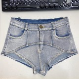 Summer Blue Cutting Line Denim Shorts