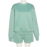 Autumn Casual Green Long Sleeve Top and Shorts Set