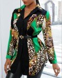 Autumn Leopard Print Color Blocks Button Open Long Sleeve Shirt Dress