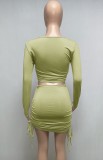 Autumn Sexy Green Ruffled Tie Long Sleeve Crop Top and Mini dress Set