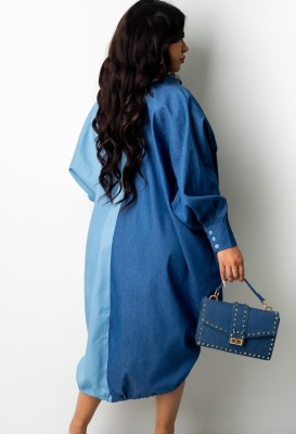 Autumn Contrast Color Button Open Long Sleeve Shirt Dress