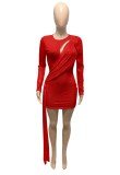 Autumn Sexy Red Hollow out Sequin Long Sleeve Midi Dress