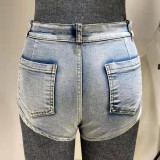 Summer Blue Cutting Line Denim Shorts