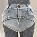 Summer Blue Cutting Line Denim Shorts