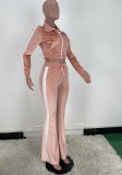 Autumn Pink Velvet Long Sleeve Zip Crop Top and Slim Flared Pants Set