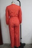 Autumn Red Polk Dot Wrap Puff Sleeve Loose Jumpsuit