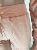 Autumn Pink Velvet Long Sleeve Zip Crop Top and Slim Flared Pants Set
