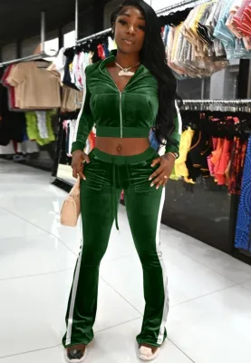 Autumn Green Velvet Long Sleeve Zip Crop Top and Slim Flared Pants Set