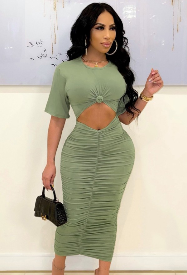 Summer Sexy Green Half Sleeve Front Cutout Ruched Long Dress