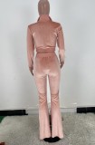 Autumn Pink Velvet Long Sleeve Zip Crop Top and Slim Flared Pants Set