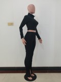 Autumn Black Long Sleeve Zip Crop Top and Slim Pants Set