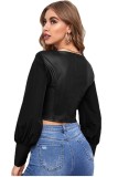 Autumn Black Leather Patchwork Square Neck Long Sleeve Top