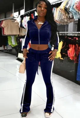Autumn Blue Velvet Long Sleeve Zip Crop Top and Slim Flared Pants Set
