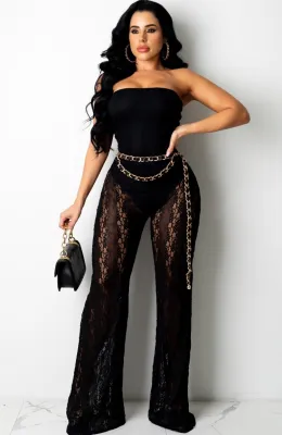 Summer Sexy Black See Through Strapless Wide Jumpsuit