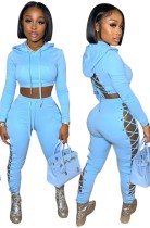 Autumn Casual Blue Long Sleeve Lace-up Crop Hoodies and Matching Pants Set