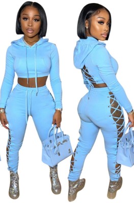Autumn Casual Blue Long Sleeve Lace-up Crop Hoodies and Matching Pants Set