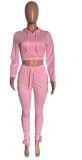 Autumn Casual Pink Long Sleeve Lace-up Crop Hoodies and Matching Pants Set