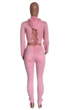 Autumn Casual Pink Long Sleeve Lace-up Crop Hoodies and Matching Pants Set