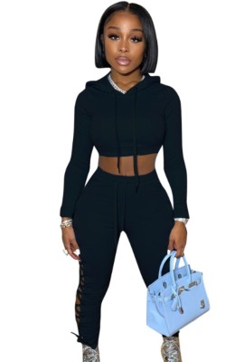 Autumn Casual Black Long Sleeve Lace-up Crop Hoodies and Matching Pants Set