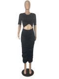 Summer Sexy Black Half Sleeve Front Cutout Ruched Long Dress