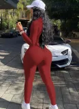 Autumn Sexy Red Long Sleeve Midi Neck Knitted Top and Matching Slim Pants Set