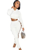 Autumn Casual White Long Sleeve Lace-up Crop Hoodies and Matching Pants Set