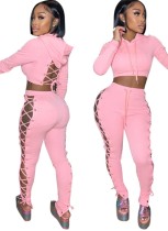 Autumn Casual Pink Long Sleeve Lace-up Crop Hoodies and Matching Pants Set