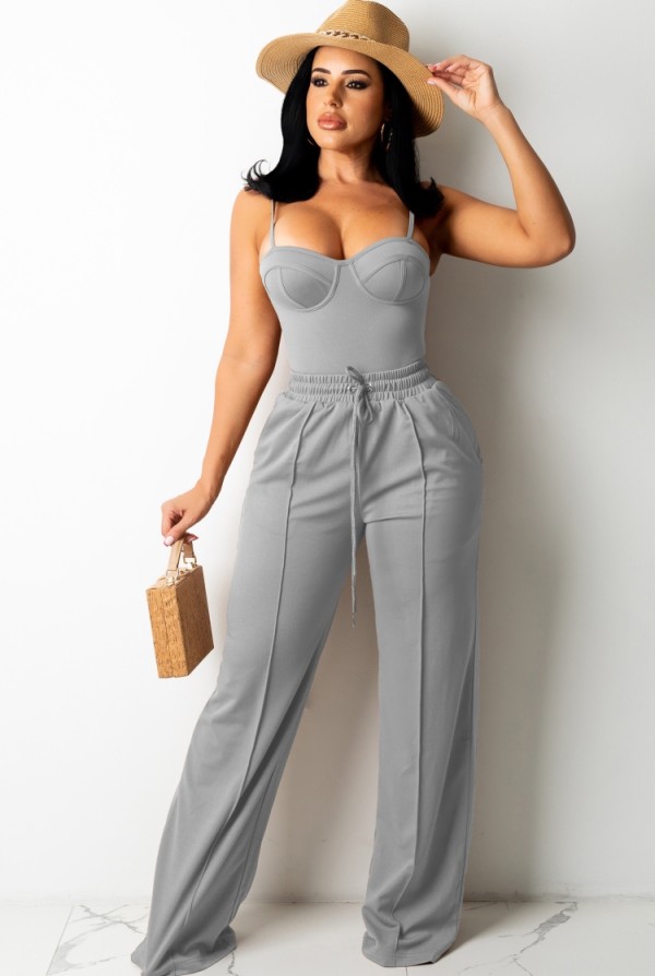 Summer Casual Gray Basic Strap Vest and Sweatpants Matching Set