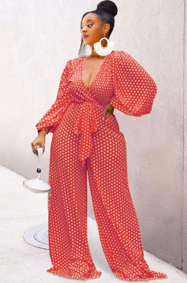 Autumn Red Polk Dot Wrap Puff Sleeve Loose Jumpsuit