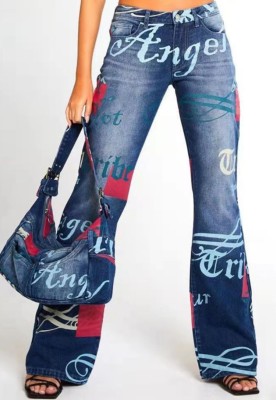 Autumn Trendy Print High Waist Slim Flare Jeans