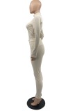 Autumn Sexy Khaki Long Sleeve Midi Neck Knitted Top and Matching Slim Pants Set