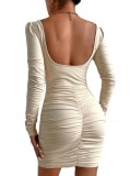 Autumn Apricot Square Neck Long Sleeve Ruched Bodycon Dress
