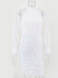 Autumn Elegant High Neck White Sequins Mesh Long Sleeve Party Dress