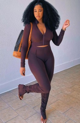 Autumn Brown Long Sleeve Zip Crop Top and Slim Pants Set