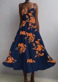 Autumn Elegant Floral Blue Sweetheart Straps Skater Dress