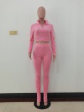 Autumn Pink Long Sleeve Zip Crop Top and Slim Pants Set