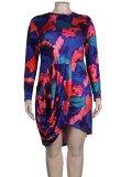 Autumn Tie Dye Long Sleeve Ruched Irrgular Casual Dress