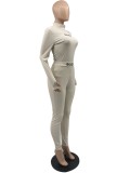 Autumn Sexy Khaki Long Sleeve Midi Neck Knitted Top and Matching Slim Pants Set